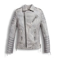 Chrome White Wexed Biker Leather Motorcycle Jacket on white background
