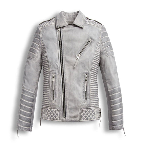 Chrome White Wexed Biker Leather Motorcycle Jacket on white background