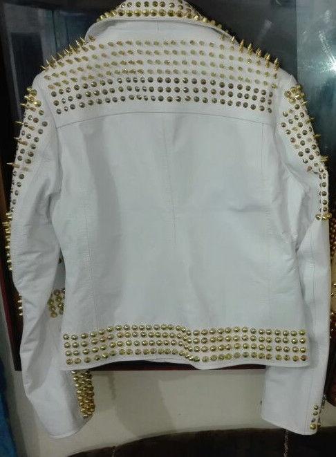 Man White Leather Jacket, Steampunk Golden Studded Punk Jacket - Shearling leather