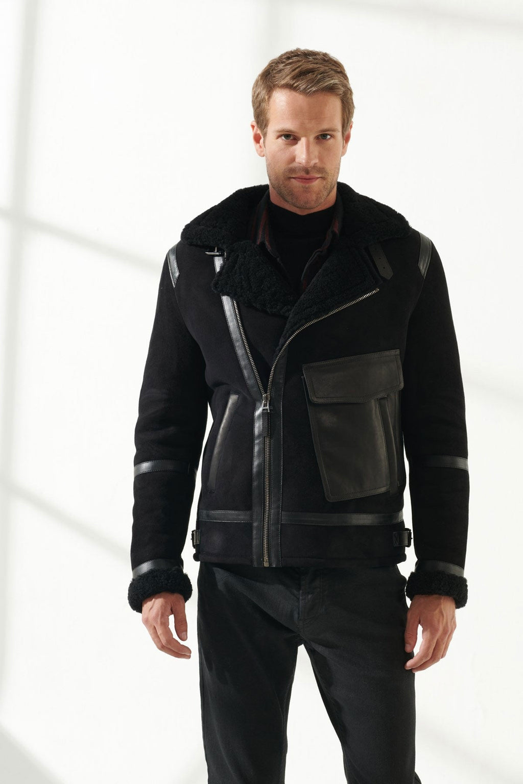 Front view of Men Aviator Black Shearling Jacket