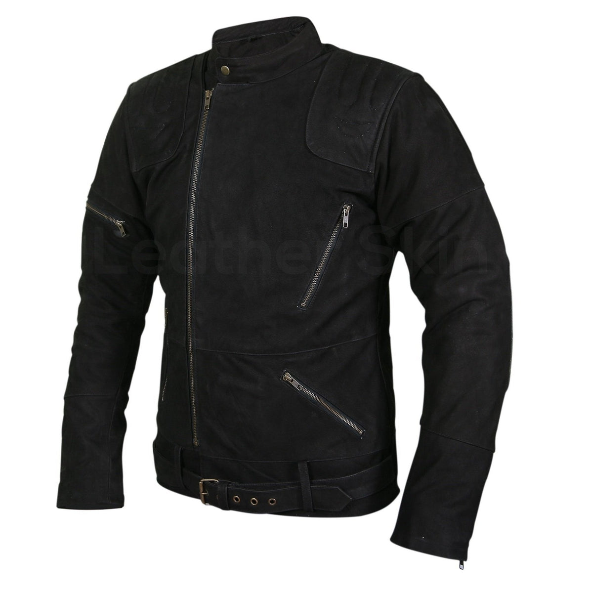 Men Black Suede Belted Leather Jacket with Zippers on Shoulders - Shearling leather