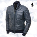 Men Blue Bomber Leather Jacket - Shearling leather
