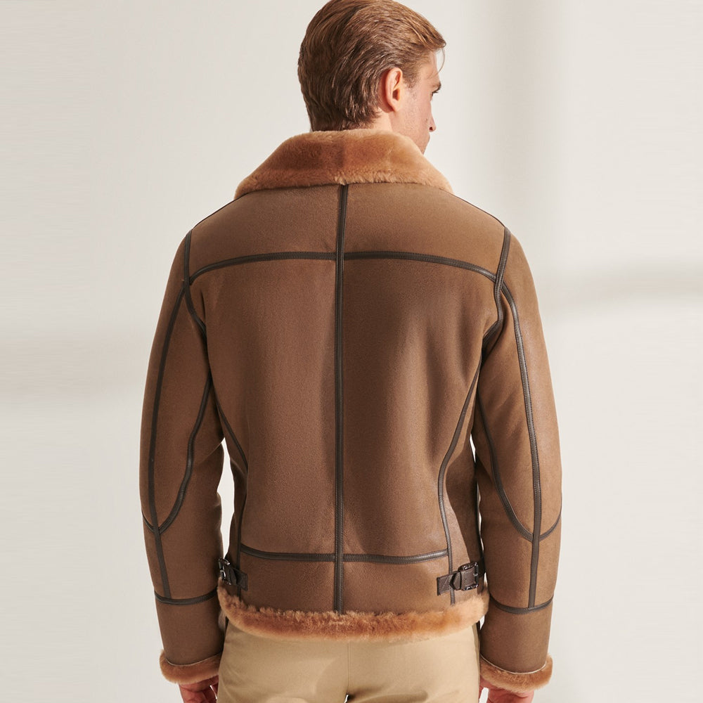 Rear view of camel brown shearling pilot jacket with piped panel seams