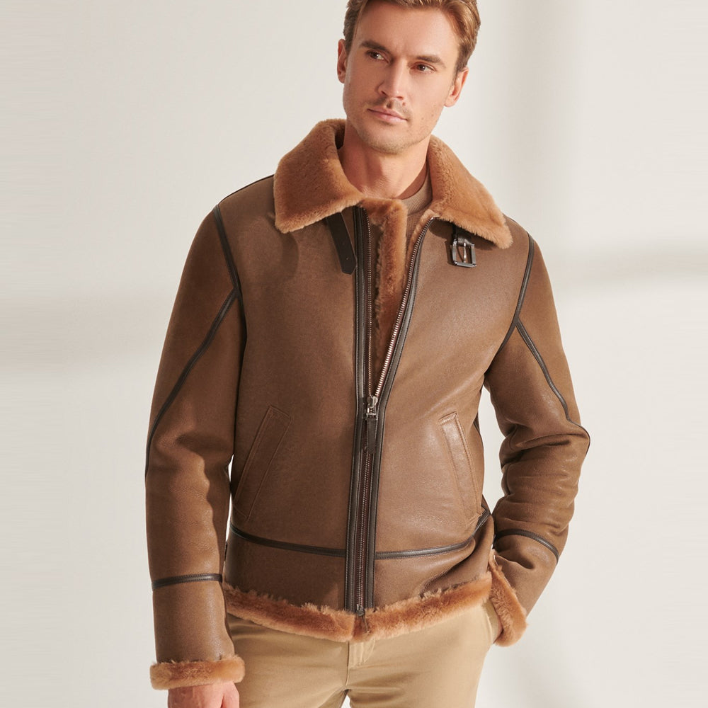 Men’s camel brown B3 sheepskin shearling aviator jacket front view