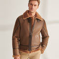 Men’s camel brown B3 sheepskin shearling aviator jacket front view