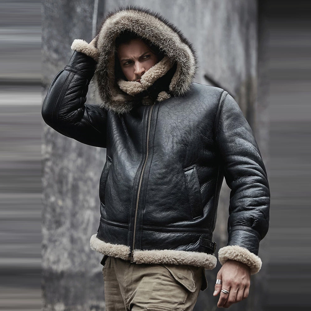Hooded RAF Aviator B3 Sheepskin Black Shearling Jacket - Leather