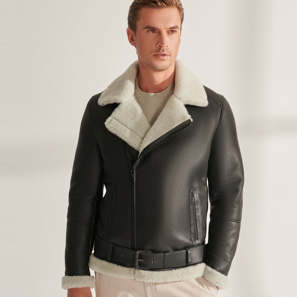 Men’s black B3 sheepskin shearling jacket with asymmetrical zipper