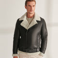Men’s black B3 sheepskin shearling jacket with asymmetrical zipper