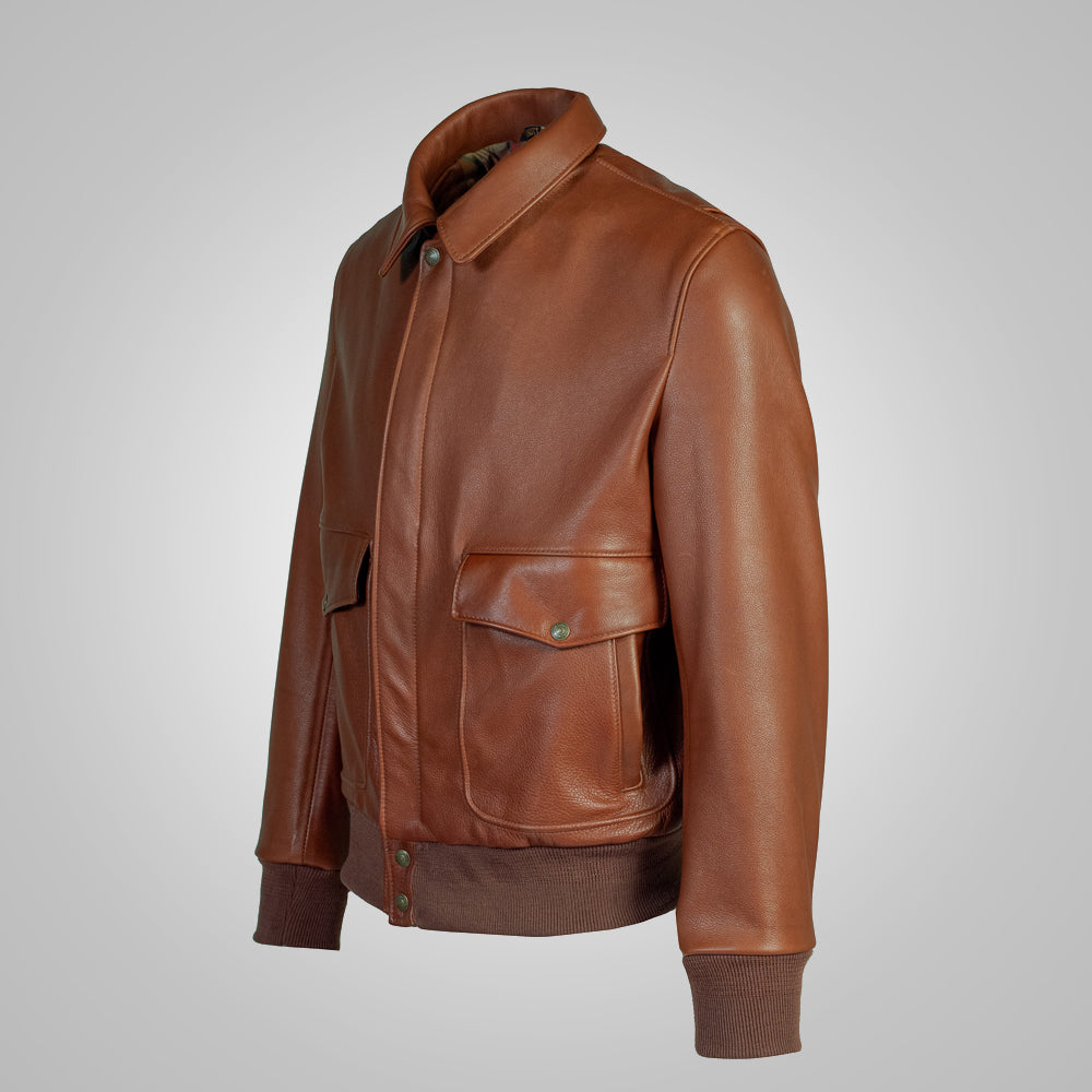 Three-quarter view of men’s brown RAF bomber with snap-flap pockets