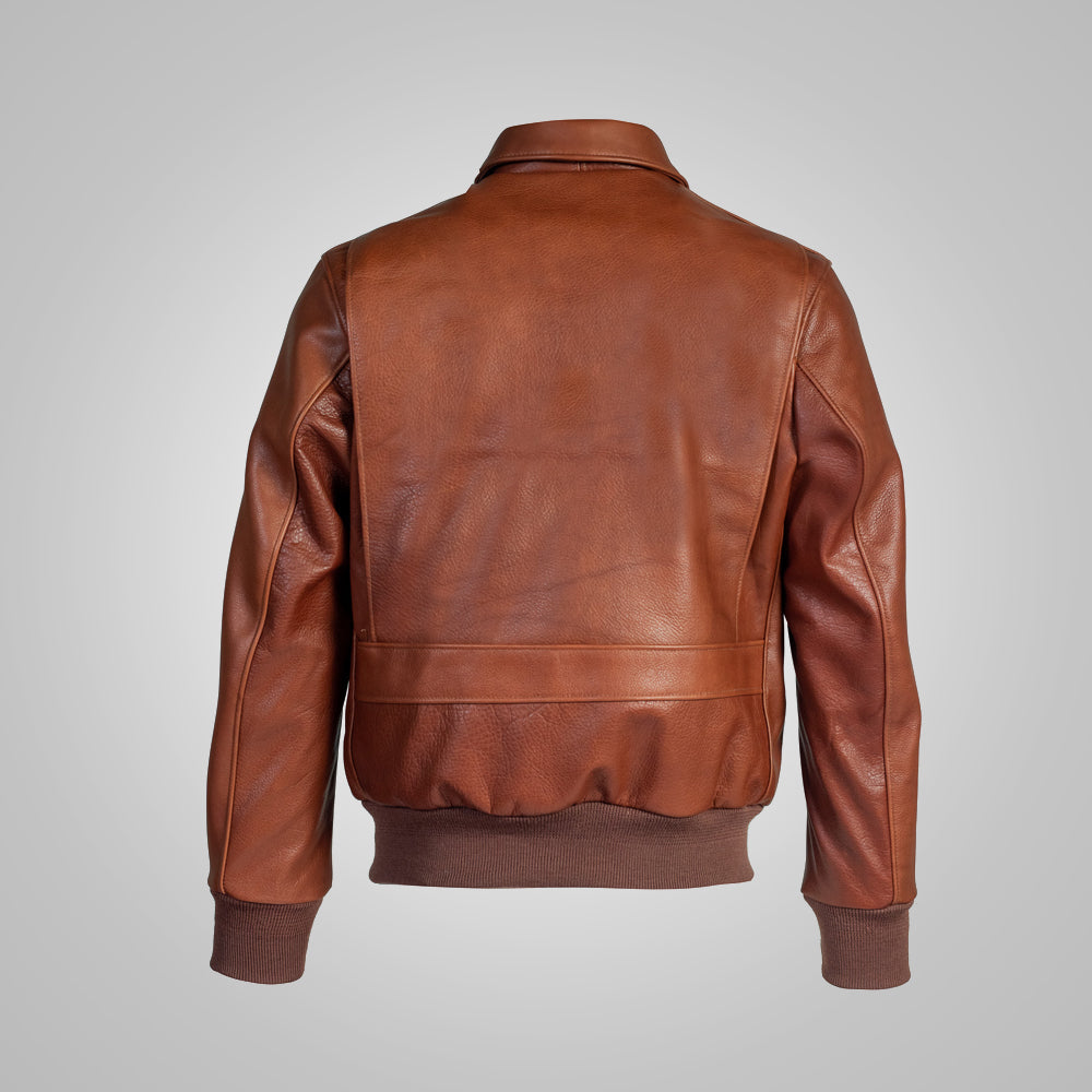 Rear view of brown leather flying jacket with rib-knit waistband