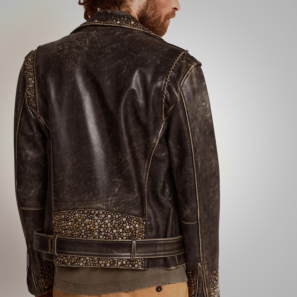 Mens Brown Studded Distressed Leather Jacket
