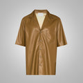 Mens Half Sleeves Khaki Leather Shirt