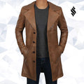 Mens Jackson Distressed Brown Winter Car Leather Trench Coat - Shearling leather