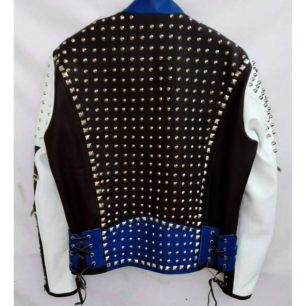 Multi Color Full Studded Biker Leather Jacket with Adjustable Waist Belted Strap - Shearling leather