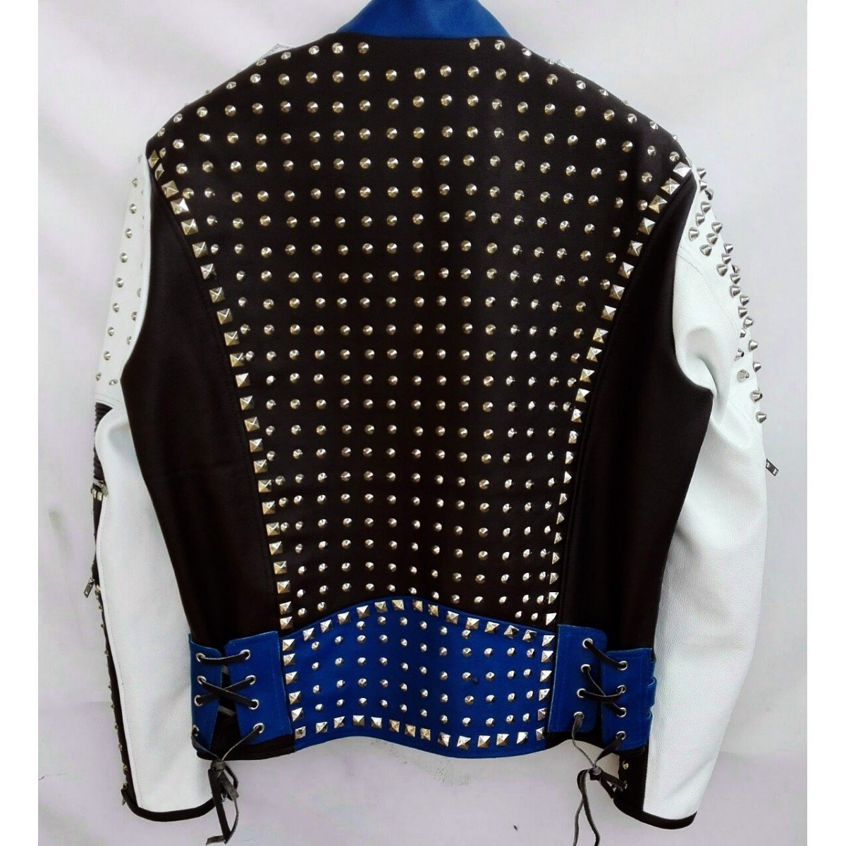 Multi Color Full Studded Biker Leather Jacket with Adjustable Waist Belted Strap - Shearling leather