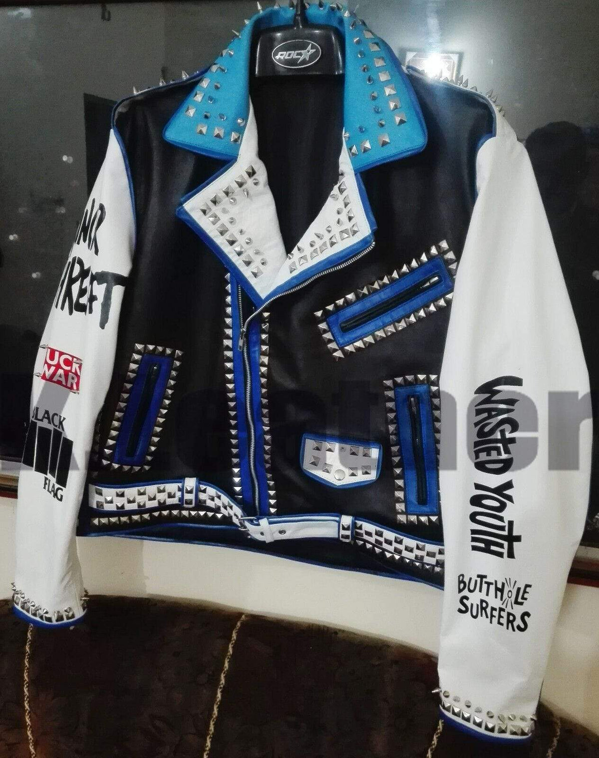 Mens Multi color Studded Printed Logos Punk Leather Jacket - Shearling leather