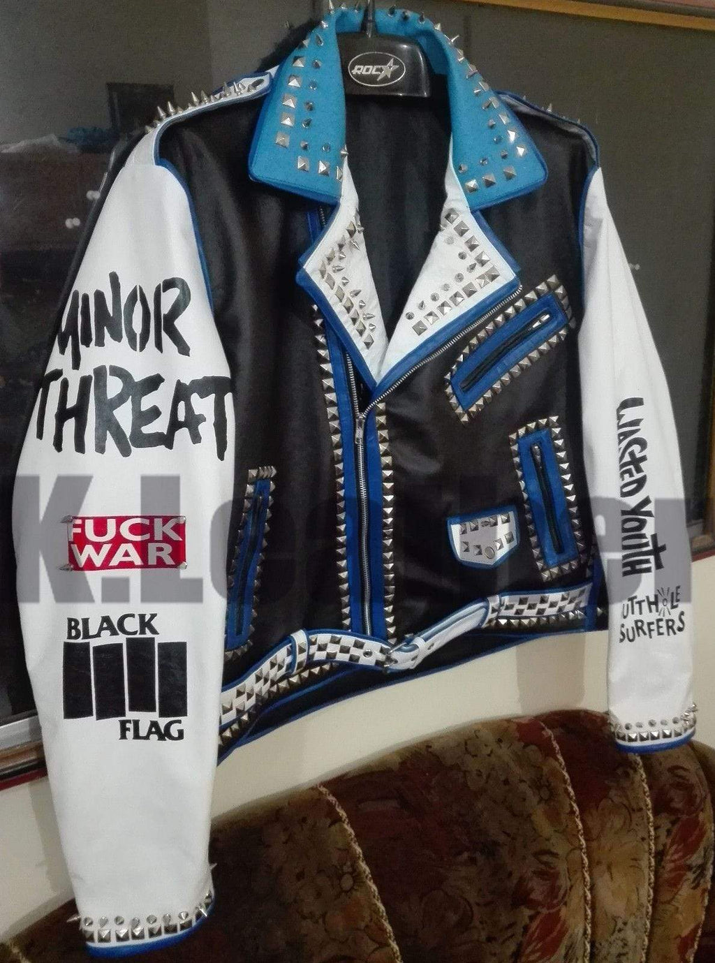 Mens Multi color Studded Printed Logos Punk Leather Jacket - Shearling leather