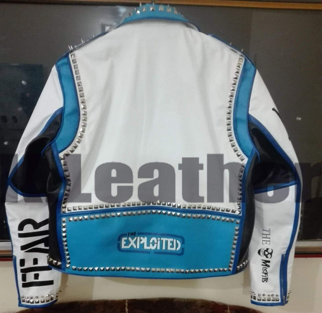 Mens Multi color Studded Printed Logos Punk Leather Jacket - Shearling leather