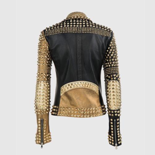Woman Punk Brando Full Golden Studded Black Biker Leather Jacket - Shearling leather