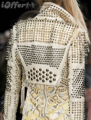New Woman Punk Full White Silver Spiked Studded Brando Leather Jacket - Shearling leather