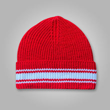 Load image into Gallery viewer, Red Beanie Cap with white stripes
