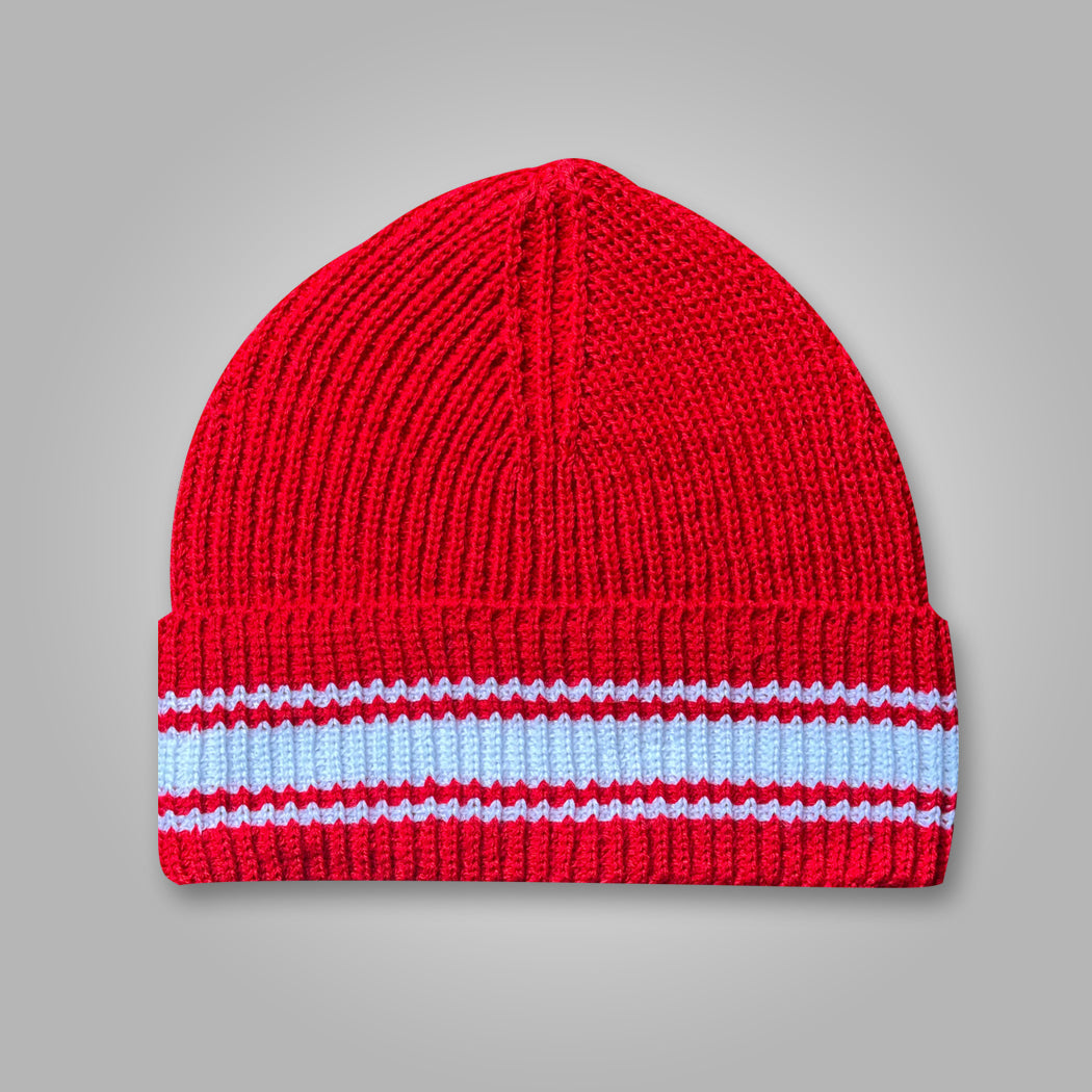 Red Beanie Cap with white stripes