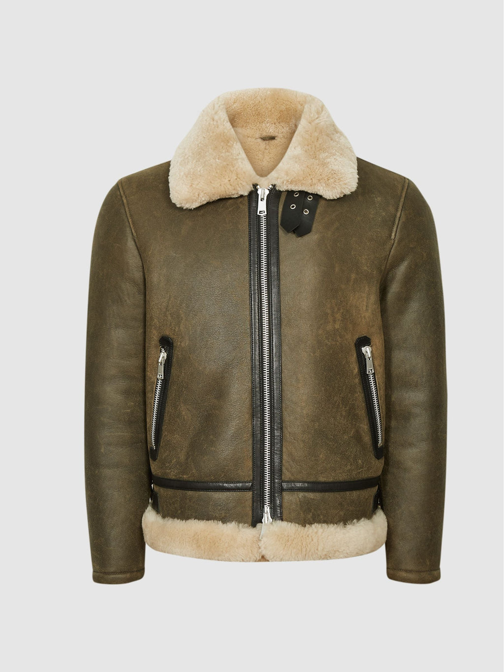 Men’s army green shearling aviator jacket front view with cream collar, YKK zipper and two zipped pockets