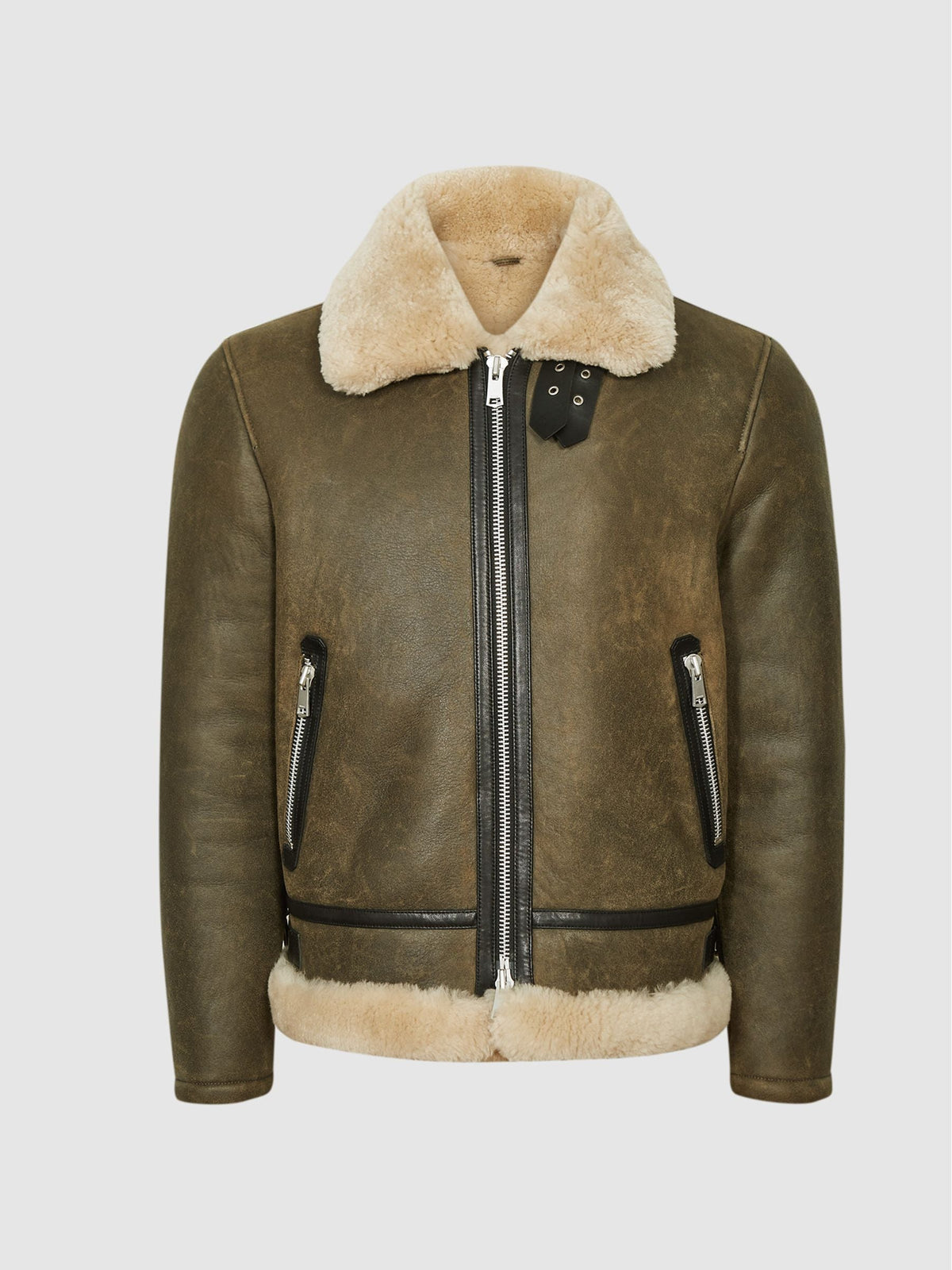 Men’s army green shearling aviator jacket front view with cream collar, YKK zipper and two zipped pockets
