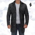 Shelby Mens Four Pocket Black Leather Trench Coat - Shearling leather