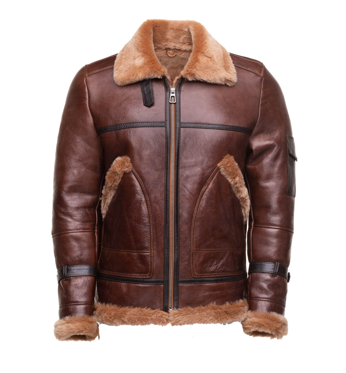 Esa Brown Bomber Sheepskin Shearling Jacket with large pockets - Shearling leather
