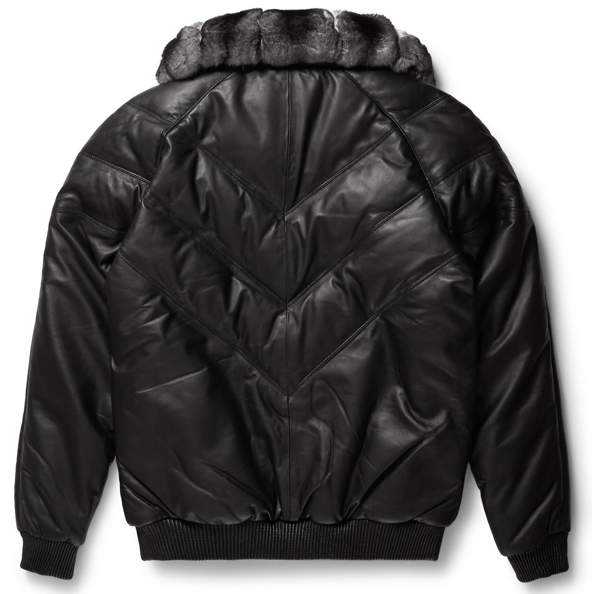 Black Leather V-Bomber Jacket - Shearling leather