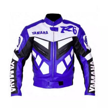 Load image into Gallery viewer, Yamaha R6 Blue Motorcycle Cowhide Leather Racing Jacket
