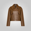 Women Brown Pointed Collar Plain Leather Jacket