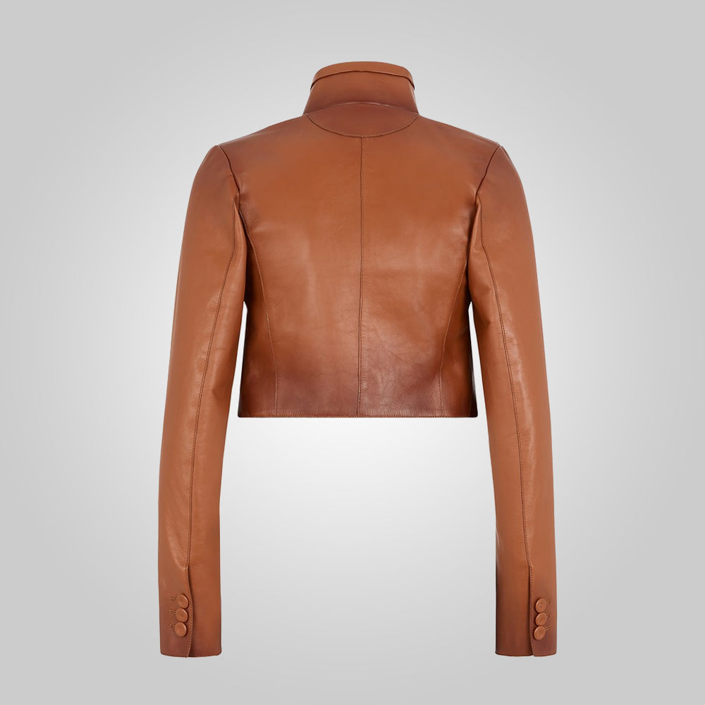 Women Cropped Goatskin Brown Leather Jacket