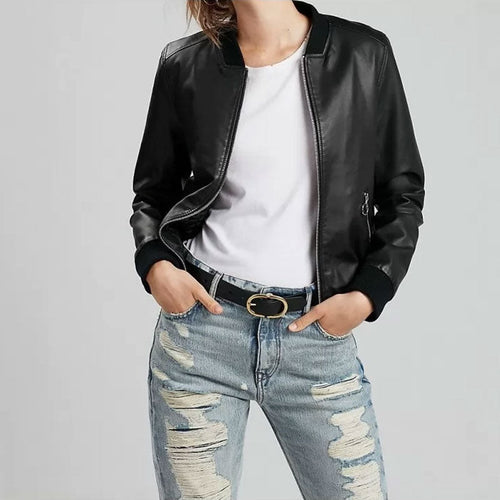 Women's Black Cropped Leather Bomber Jacket