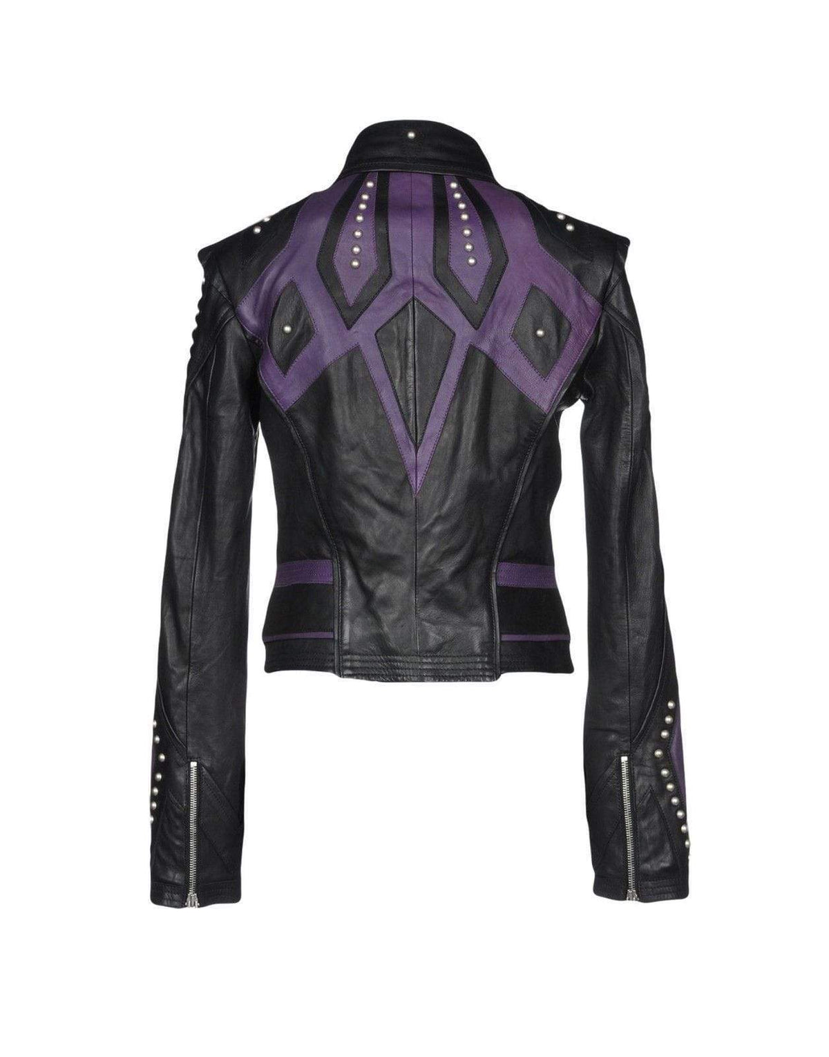 Women's Burnished Two Tone Black Purple Leather Silver Small Studs Jacket - Shearling leather