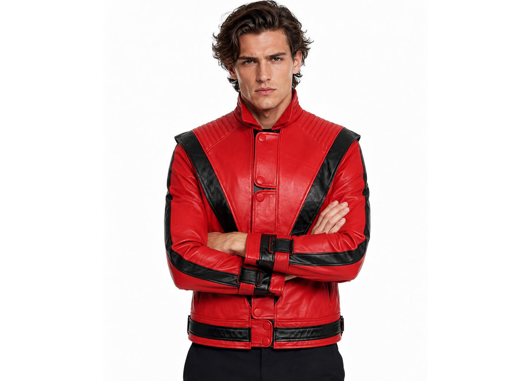 Red and black Thriller costume jacket with buckled cuffs