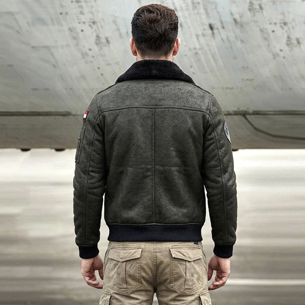 Back view of panelled RAF sheepskin bomber jacket