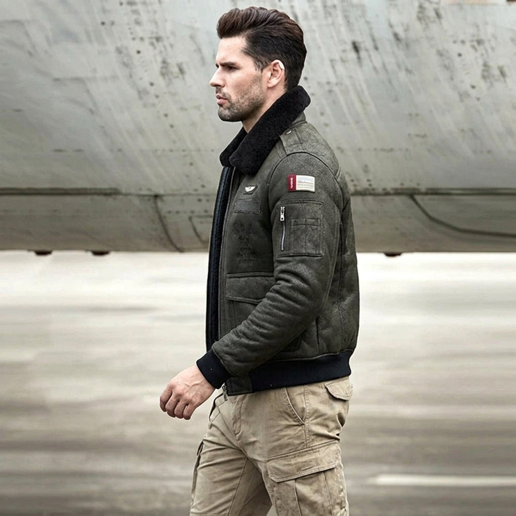 Army-style shearling bomber with knitted cuffs and waistband