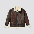 A brown leather bomber jacket with a shearling lining, featuring a double movable collar, cut pockets, and side clasp lashes.