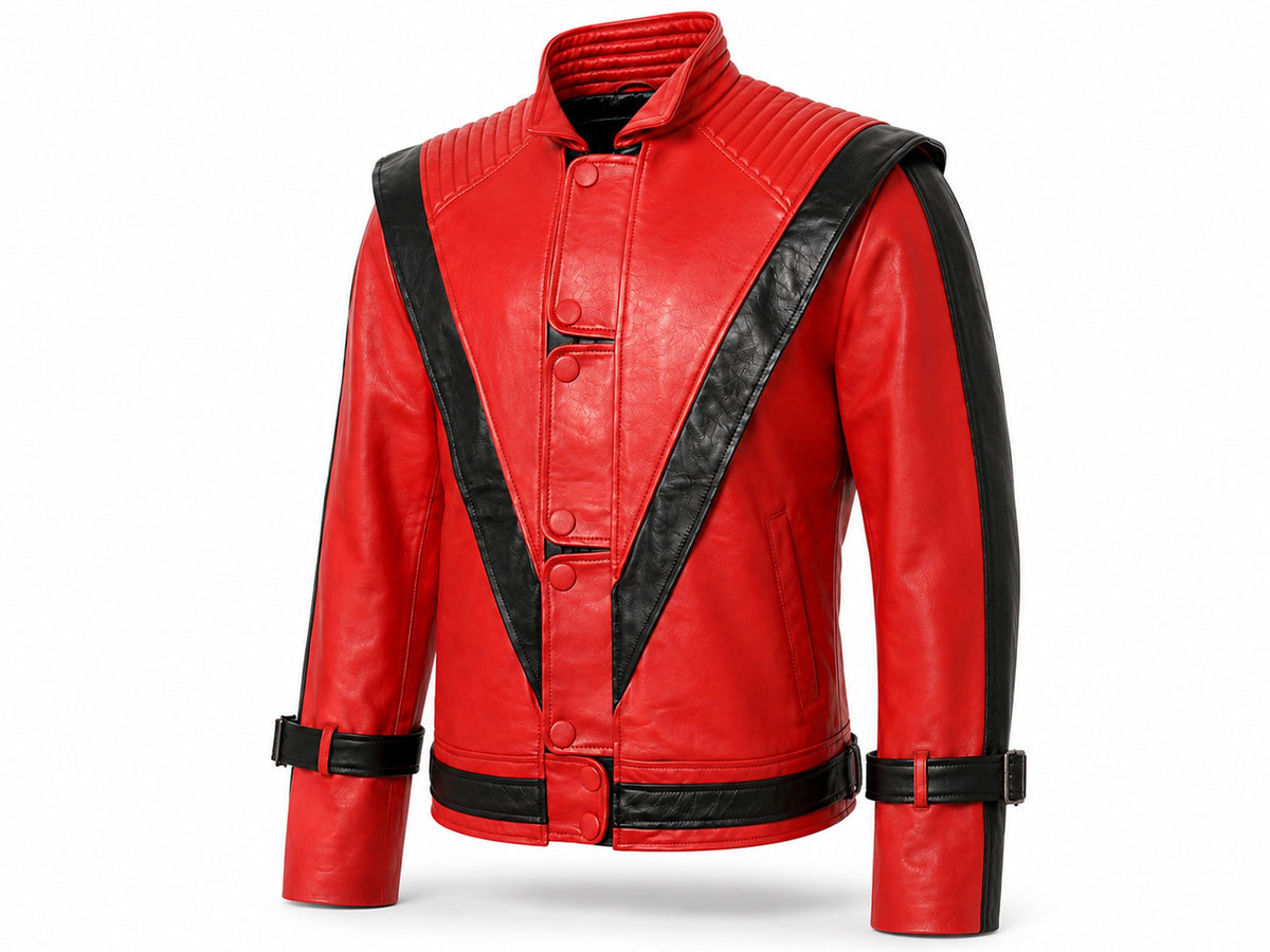 Red leather Thriller jacket with covered press-stud closure