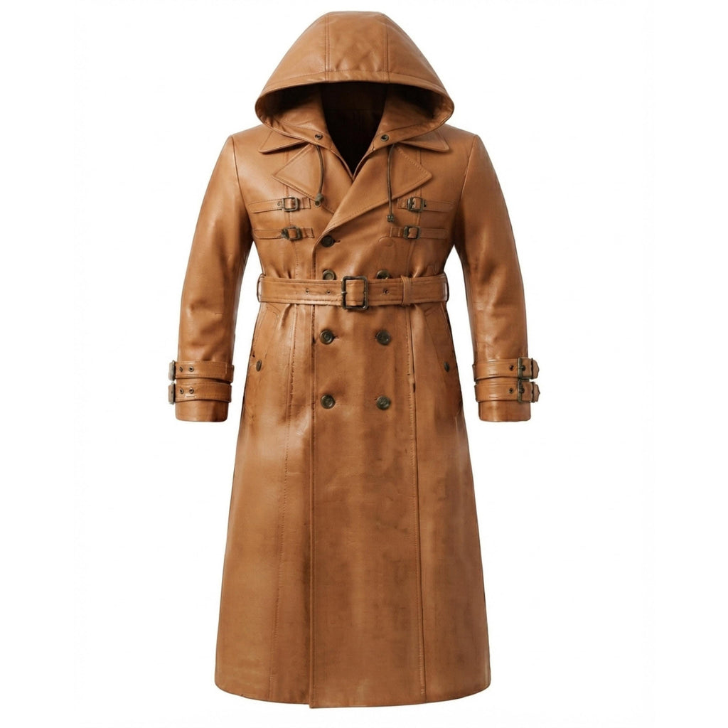 A long tan leather hooded trench coat with a matching belt and buckle details, shown on a plain white background.