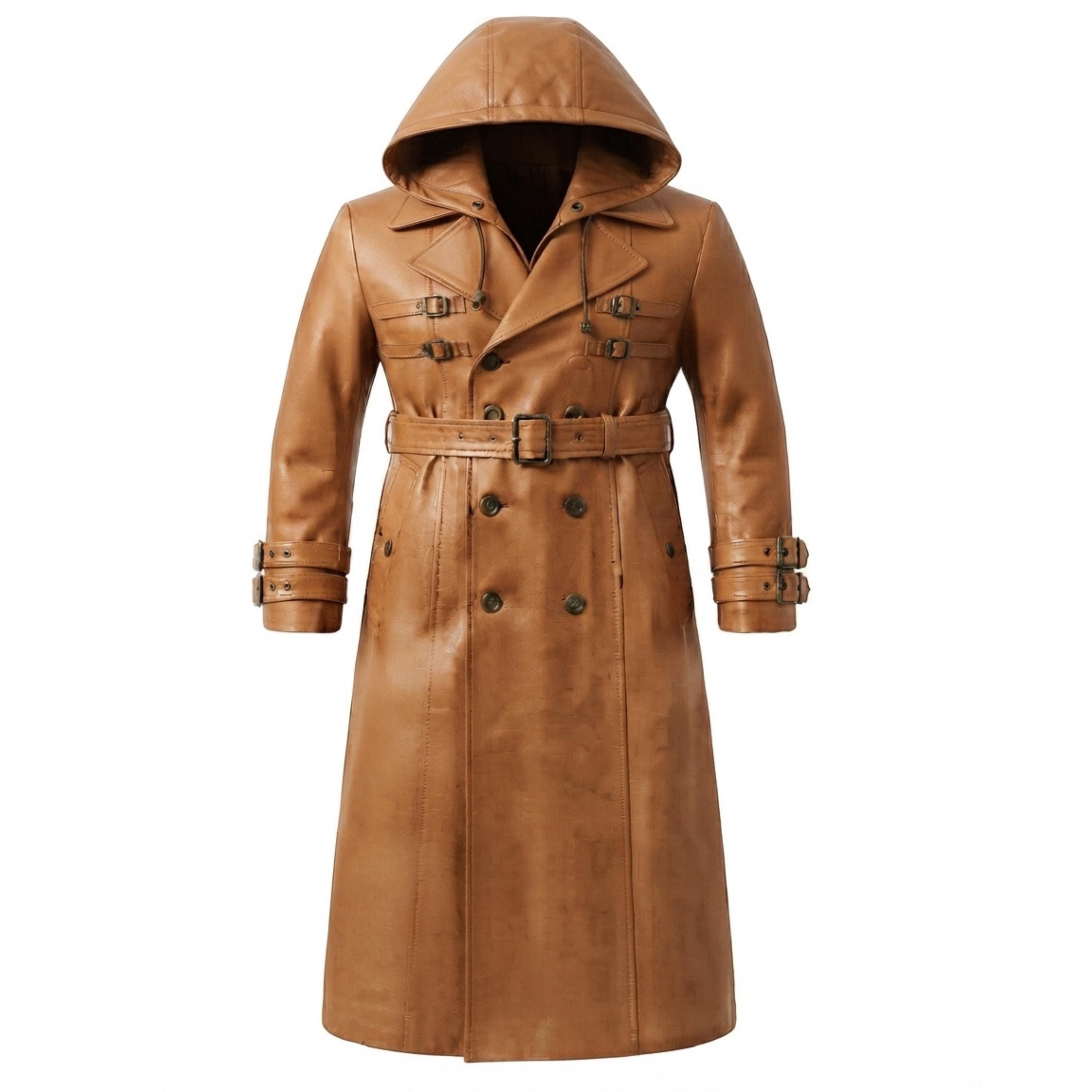 A long tan leather hooded trench coat with a matching belt and buckle details, shown on a plain white background.