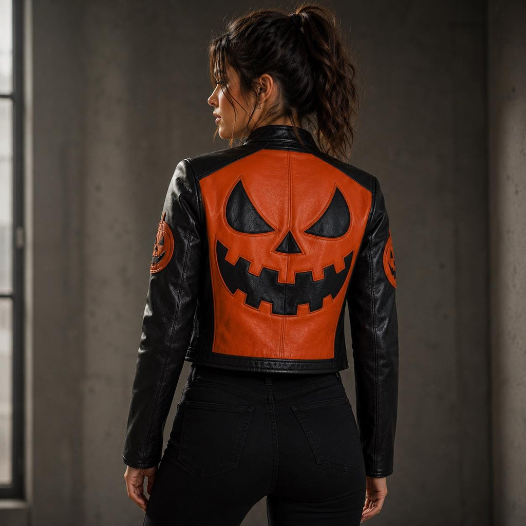 Women Cropped Pumpkin Style Leather Jacket