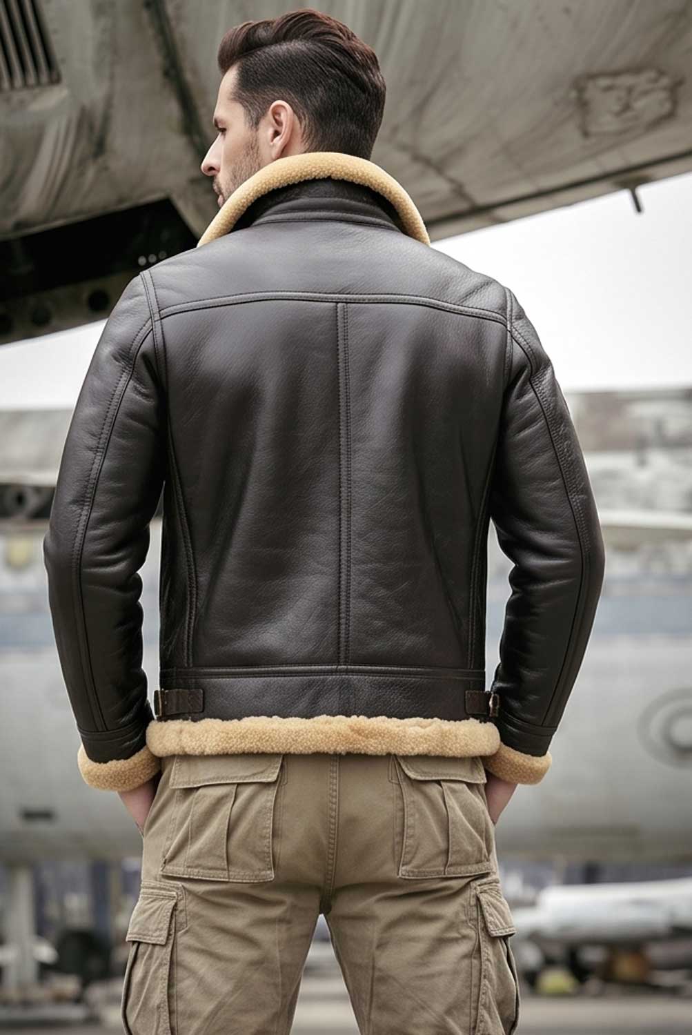 back view of shearling leather jacket