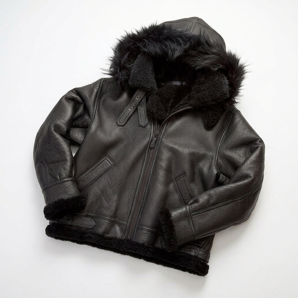black hooded shearling jacket