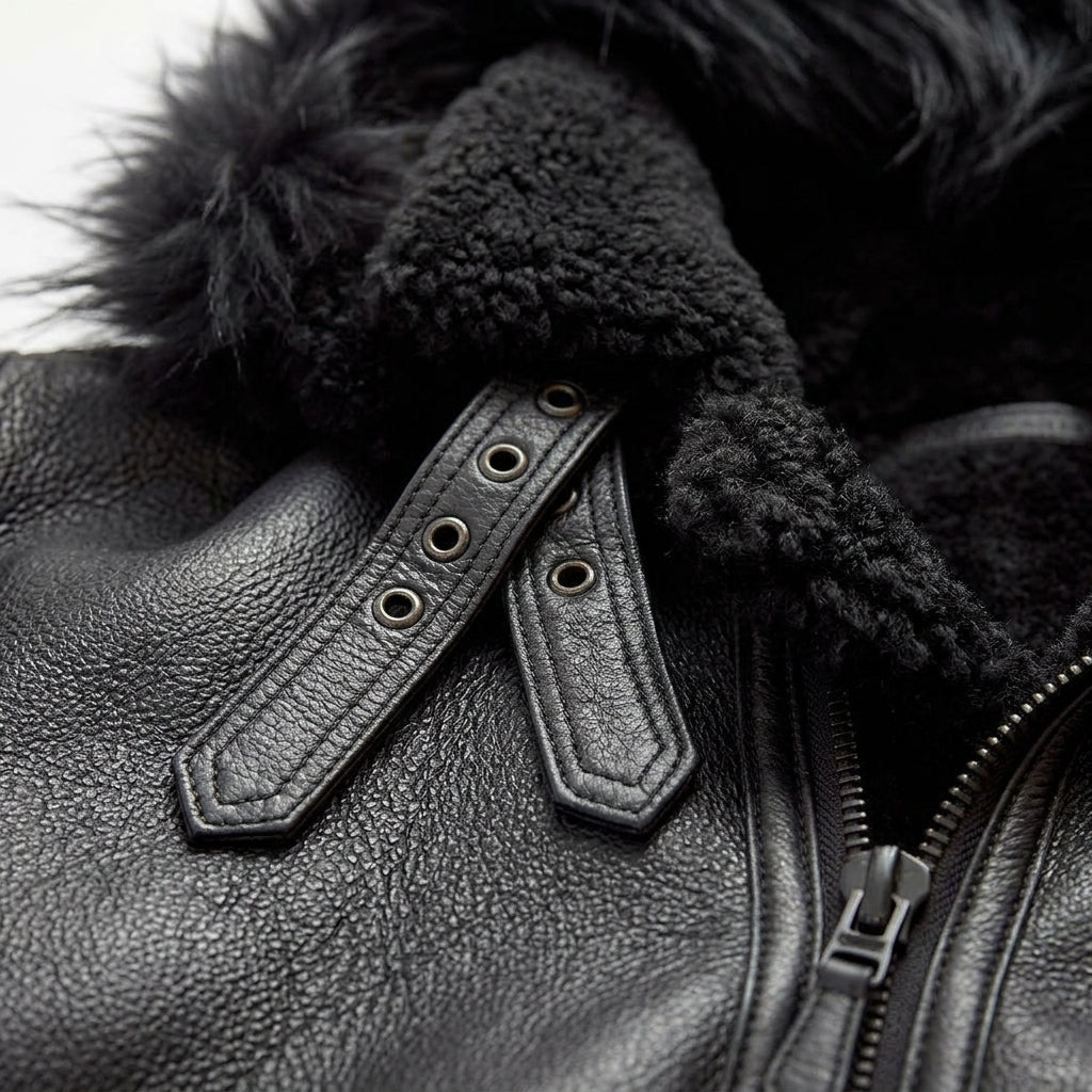 closeup view of shearling jacket