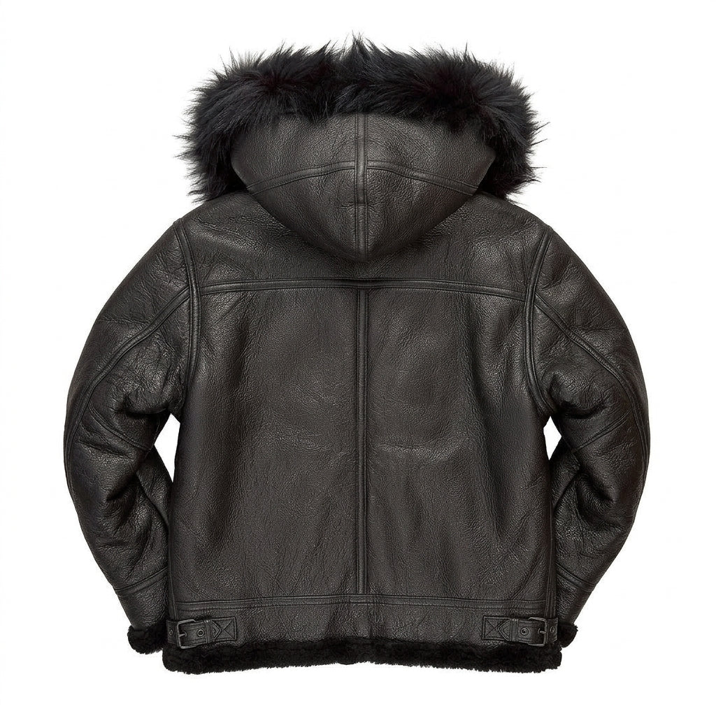 back view of shearling hooded leather jacket