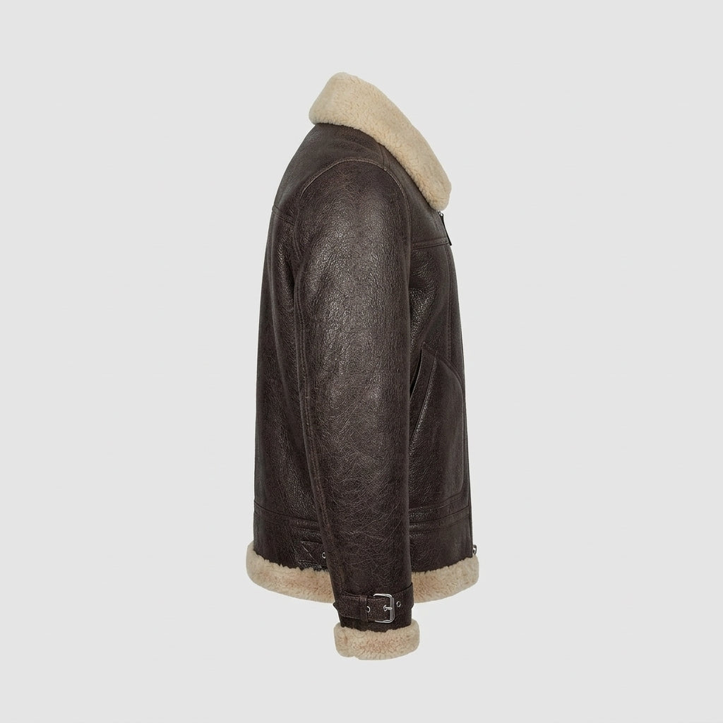 side view of shearling jacket