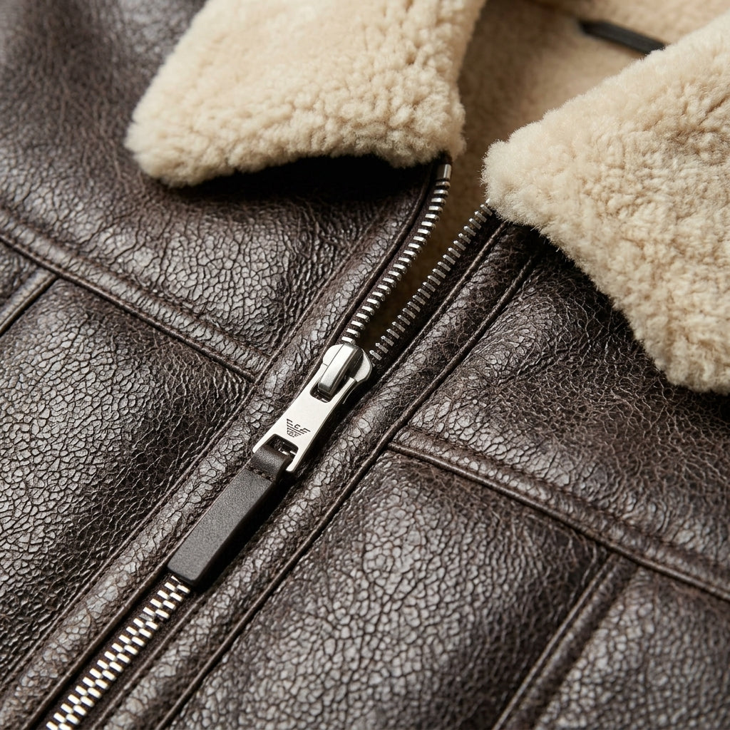 closeup zipper view of shearling jacket